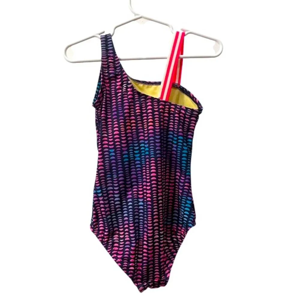 Lands' End Girl's One Shoulder One Piece Printed Colorful Sport Swimsuit Size 5